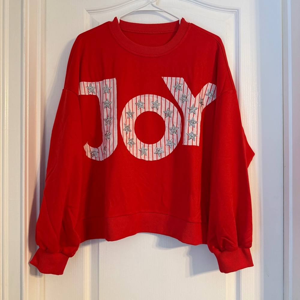 NWOT Women's Embellished Rhinestone"Joy" Sweatshirt Shirt Medium Red